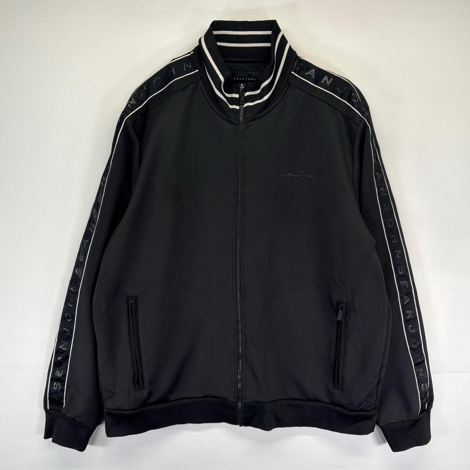 古着 ショーンジョン Sean John ジャケット ワンポイントロゴ 袖ロゴプリント ジャージ フルジップ 2XL ブラック系 メンズ