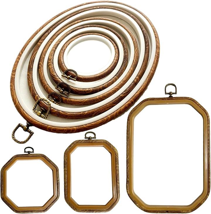 そのまま飾れる 刺繍枠 アンティーク風 八角 楕円 手芸用 刺繍フープ 刺しゅう リング フレーム(茶・楕円八角全セット)