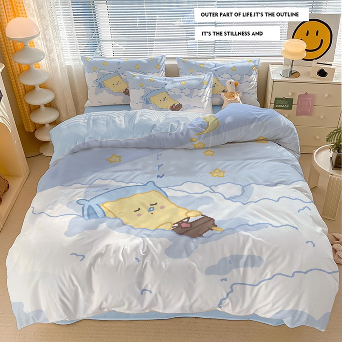 子供用のかわいいスターベッド4点セットかわいい漫画のスポンジボブ学生寮シーツ3点セット