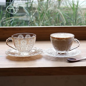 全店2個購入で0円引きネットセレブガラスラテカップコーヒーカップとソーサーレトロ刻印ドリンクカップハンドル付きティーカップ