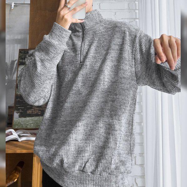 メンズ リブ ルーズフィット 裏起毛 ハーフジップ Tシャツ 5C-TSK-Q106-メランジ