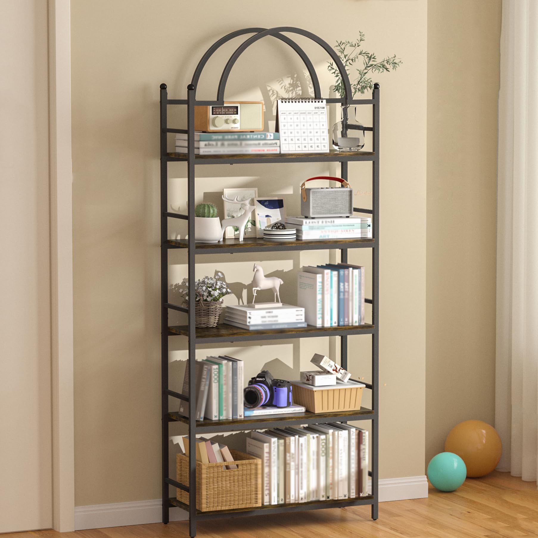 オープンラック シェルフ おしゃれ 本棚 大容量 棚 アーチ型 木製 幅76×奥行26×高171cm 収納ラック ディスプレイラック キッチン リビング ブックシェルフ 5段 陳列棚 植物