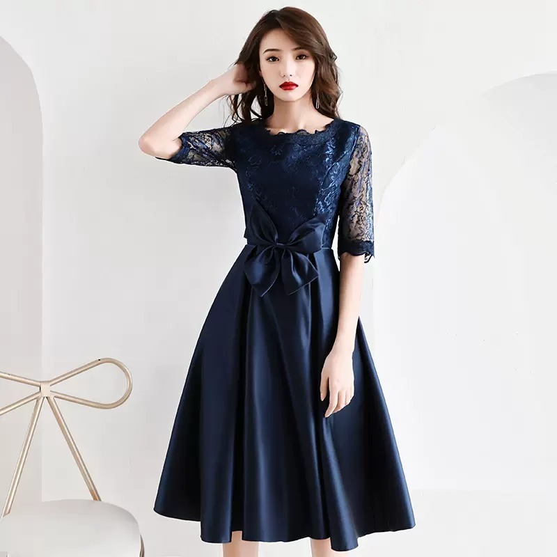 ワンピース ワンピースドレス ワンピドレス 膝丈 ひざ丈 膝下 5分袖 五分袖 ラウンドネック フレア セミフレア レース リボン ウエストマーク ウエストリボン 切り替えデザイン 透け感 シースルー