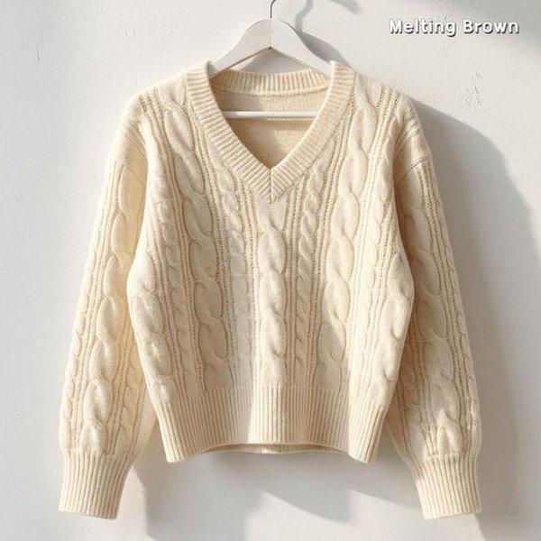 女性ルーズフィットVネックケーブルニット DN26