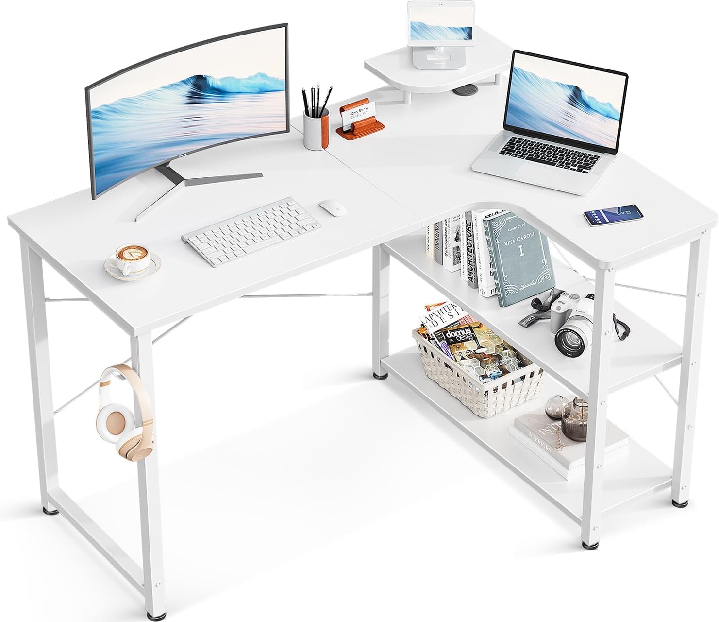 ゲーミングデスク L字 パソコンデスク 幅110 デスク desk 机 pcデスク 棚付き オフィス ワーク 在宅勤務 桌子 作業机 組立簡単 ホワイト 右棚