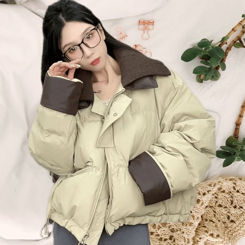 毛糸襟の短いタンパク質皮冬の新型2024デザイン感ニット襟白鴨パイルコートダウンジャケット女