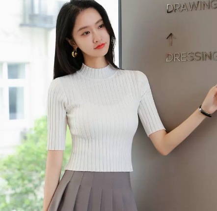 モテアイテム カラバリ豊富 トップス ニットソー ショート丈 5分袖 五分袖 ハイネック スリム タイト 細身 スマート リブ ニット 可愛い きれいめ シンプル 上品 おしゃれ お洒落