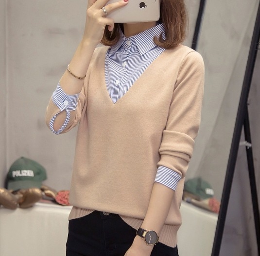 デート モテコーデ 大きいサイズ トップス セーター 袖なし 長袖 Vネック 襟付き ストレート 切り替えデザイン ドッキング 重ね着風 かわいい 可愛い きれいめ シンプル カジュアル