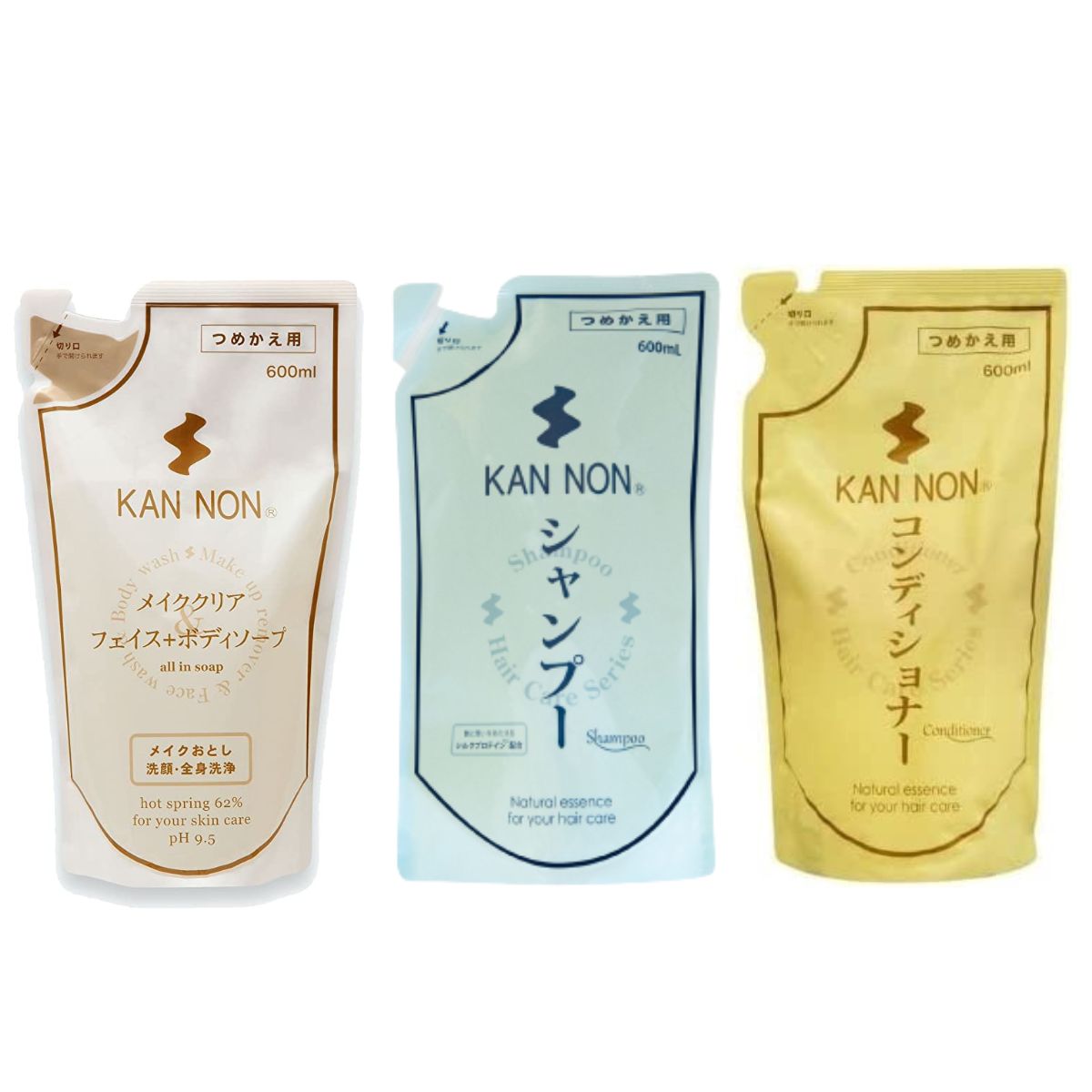 【お得な観音温泉ヘア＆ボディケア詰替各2個セット】フェイス＆ボディソープ＋シャンプー＋コンディショナー 各詰替用600ml（各2個 合計6個） レフィル 観音温泉水 洗顔 ヘアケア 温泉コスメ