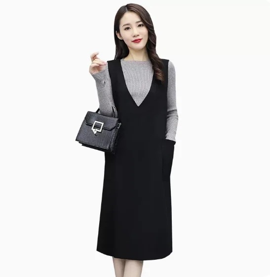 2点セット 大きいサイズ ワンピース ワンピドレス カットソー ジャンパースカート ミドル丈スカート プルオーバー ミドル丈 ラウンドネック 通勤 秋 長袖 ニットソー ブラック 黒 L XL 2XL