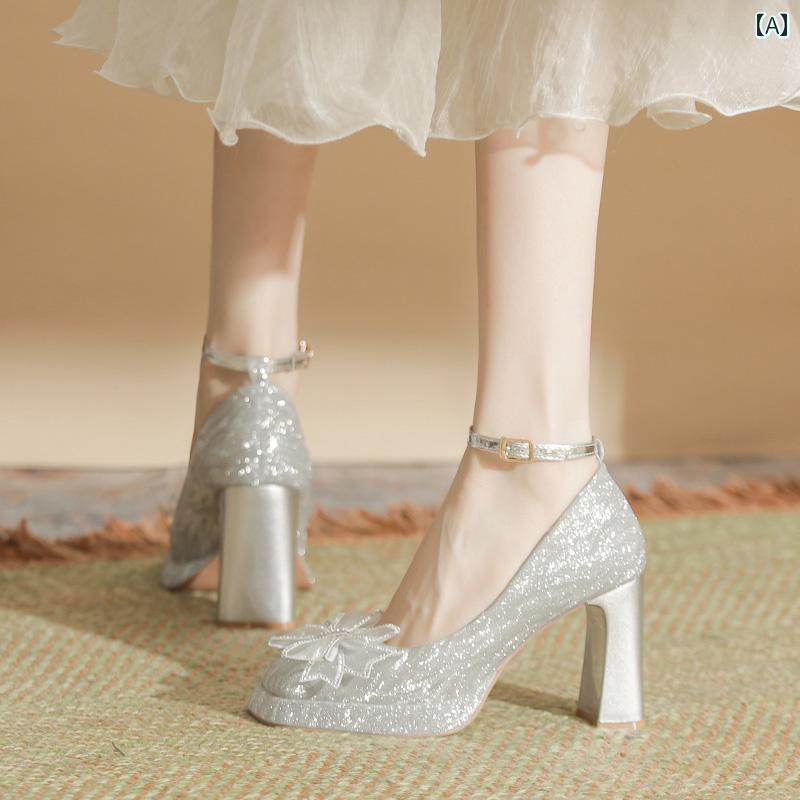 【早い者勝ち！】ヒール レディース パンプス 美脚 メリージェーン ウェディングシューズ メイン ウェディングドレス ブライダル シューズ 厚 防水 靴 一文字 バックル 太ヒール 歩きやい チャンキ