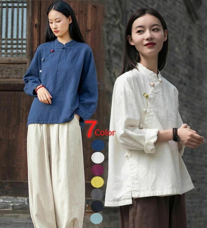 ブラウス 長袖 レディース 綿麻 シャツ トップス ナチュラル チャイナカラー 春 秋 冬 服 エスニック チャイナ服 オリジナル リネン シャツ カンフー 太極拳 ヨガ ウェア 女性 大人 ゆったり