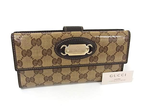 財布 GGクリスタル 231841 ベージュ ブラウン コーティングキャンバス×レザー ユニセックス Wホック 二つ折り長財布 ゴールド金具【本物保証】