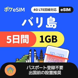 【秋のスペシャルプライス！】バリ島 eSIM 1日1GB 5日間 データ通信専用（電話番号なし） 有効期限90日