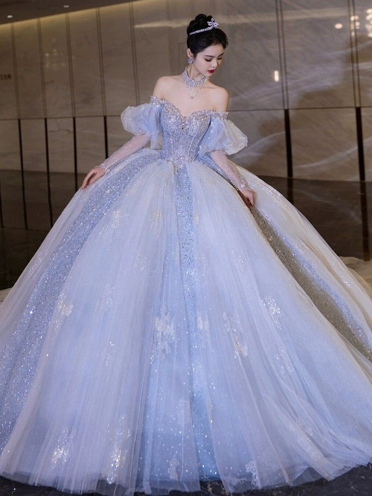 ワンショルダーブルーウェディングドレス25ブライダルパレススタイルビッグテールハイエンドメインヤーン