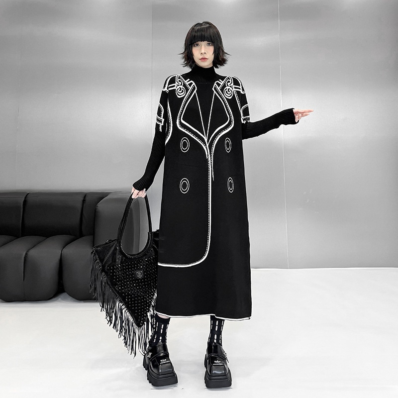 【Noir Mode】 冬 ロング ニット プリント ニットワンピース デザイン性 ブラックコーデ 大きいサイズ レディース 体型カバー ニットセーター ロングワンピース セーターワンピース