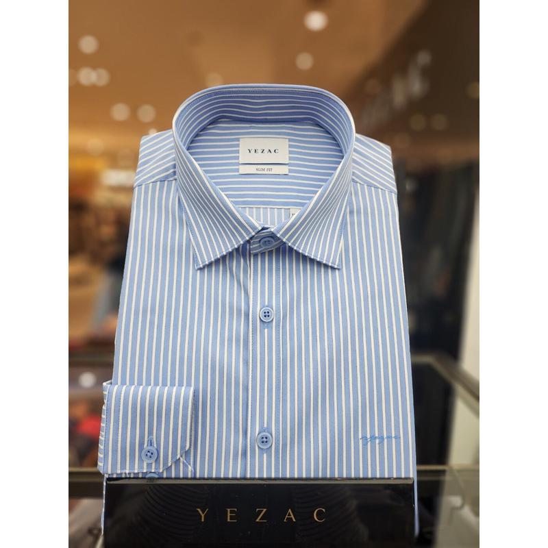 AK平沢店シャツ コットン混紡 ストレッチ ストライプ スリムフィット シャツ ブルー