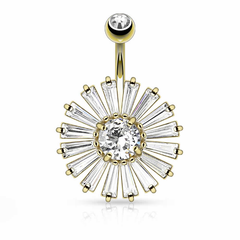 プリンセスカットCZビッグシールド へそピアス 14G 14ゲージ ボディピアス 花 金色 ネイブル