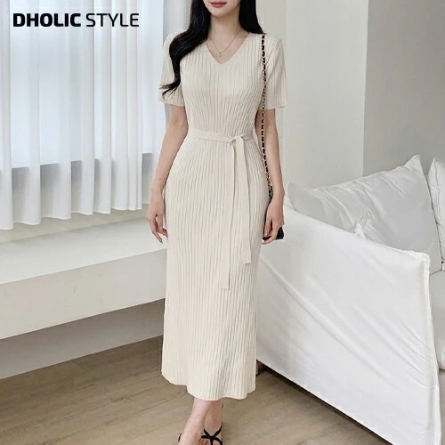 Vネックリブ半袖ニットワンピース・p679501