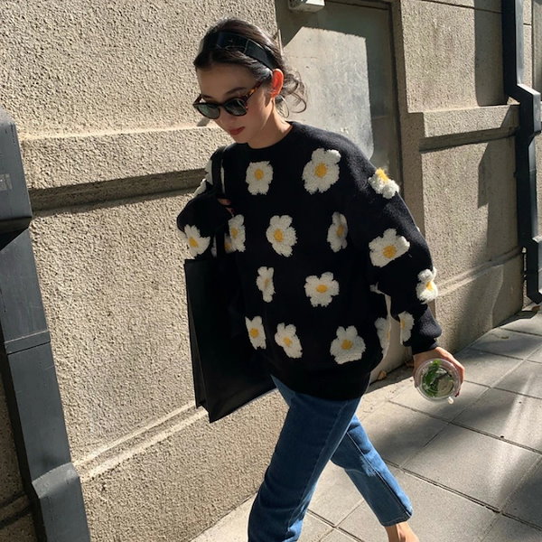 Qoo10] ニット デイジー柄ニットトップス 花柄ニ