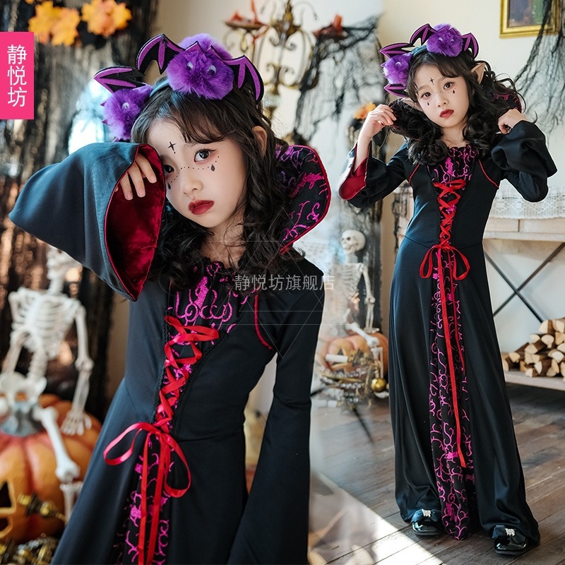 ハロウィン子供用コスチューム中世ルネッサンス子供服パフォーマンスコスチュームドレスロングスカート女性魔女ローブcos