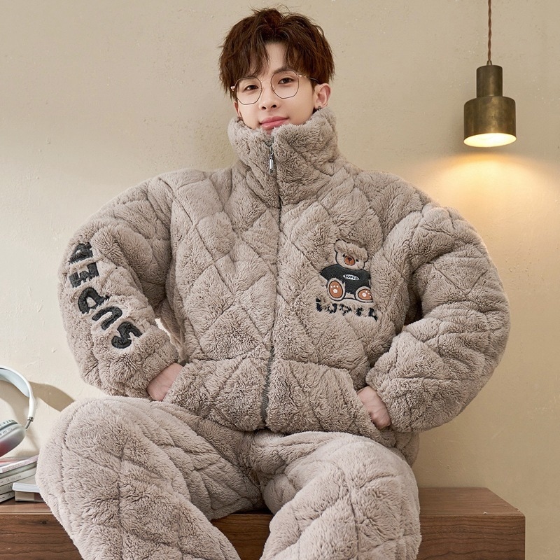 パジャマ男性秋冬珊瑚絨毯三層綿挟み厚手加絨青少年ファスナースタンドカラールームウェアセット