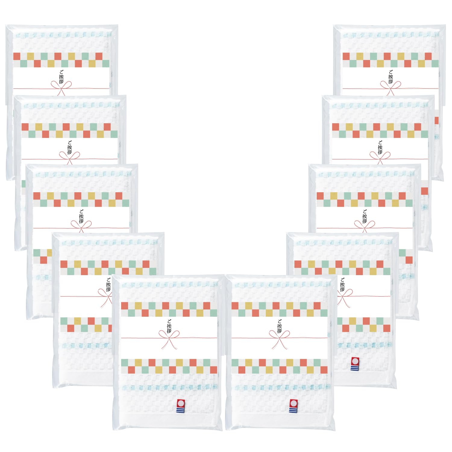 引っ越し 挨拶 粗品 タオル 今治 ポストに入る のし風シール付き 手提げ付き かわいい おしゃれ (10個 市松のしシール)