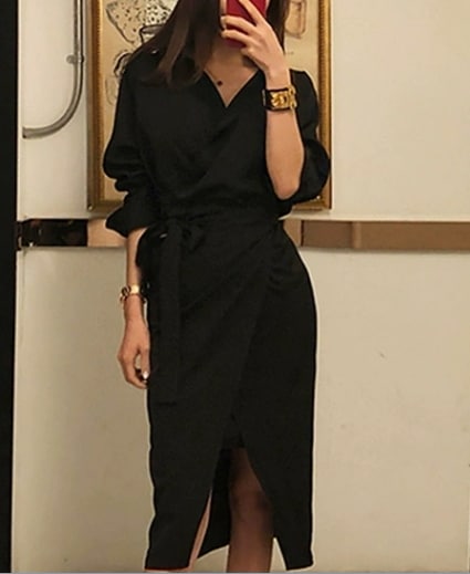 レディース シャツワンピ 膝下 ミモレ 長袖 フェミニン リボン ウエストマーク 伸縮性 異国風 大人可愛い きれいめ シンプル カジュアル 上品 おしゃれ かっこいい こなれ感 クール エレガント