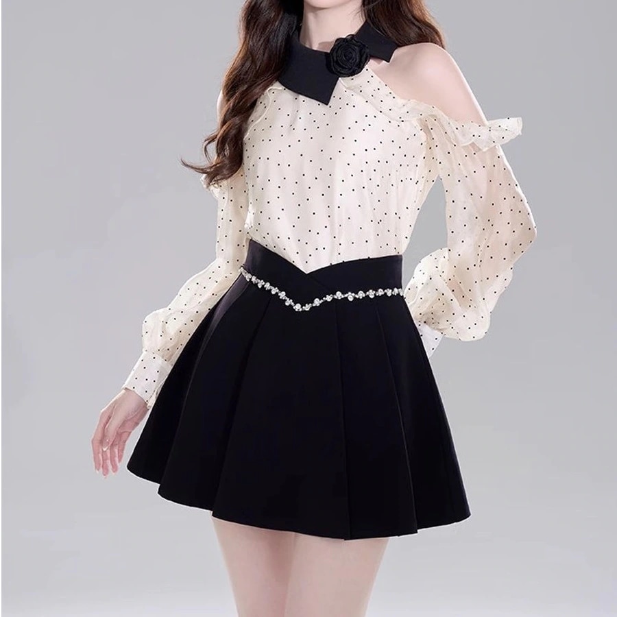 肩出しドット長袖シャツフリルシフォントップスで上半身見せスカートセットアップ レディース