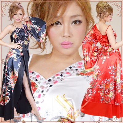 送料無料即納　豪華バタフライ飾り付 サテン和柄　ワンショル　ロング　着物　花魁　ドレス 5,680円