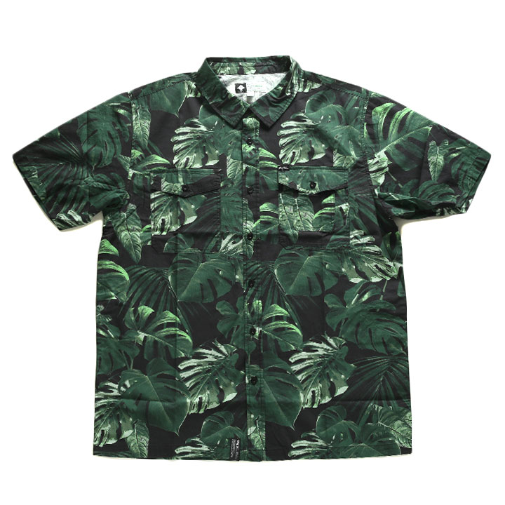 LRG 半袖シャツ メンズ 春夏用 緑 大きいサイズ エルアールジー 柄シャツ アロハシャツ おしゃれ かっこいい 総柄 トロピカル 海外旅行 旅行 ビッグシルエット