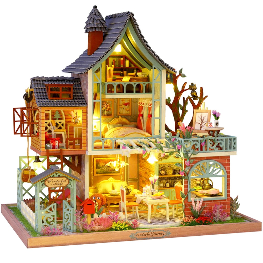 ドールハウス ミニチュア 手作りキット セット1/24 スケール 英語説明書 犬と暮らす 森の奥の秘密のお家 メルヘン 童話 ファンシー カラフル LEDライト+アクリルケース+オルゴール 森の奥の秘 5,313円