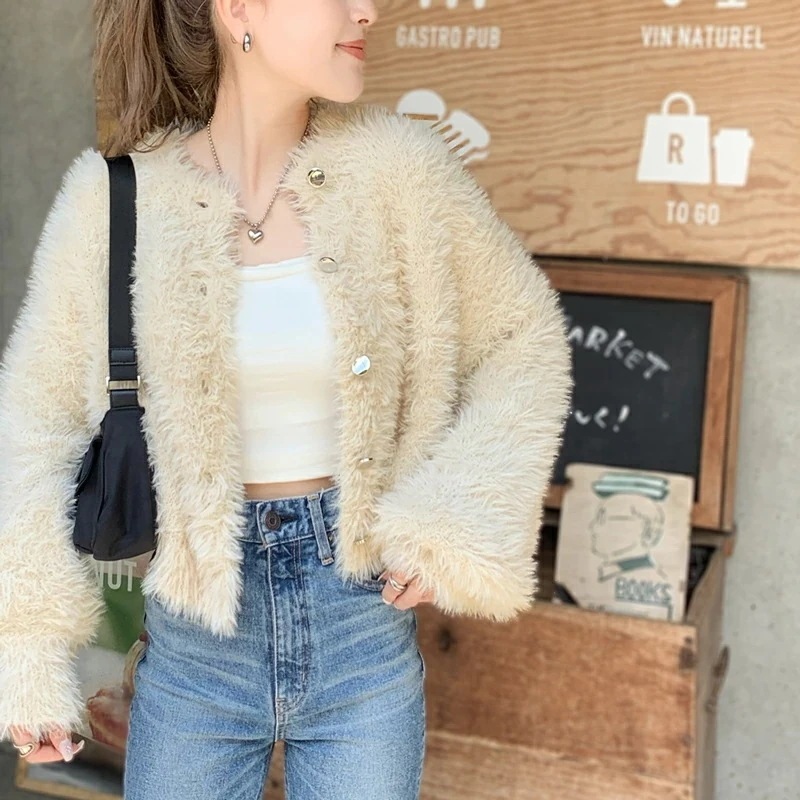 milybilet トップス カーディガン レディース ふんわり ボリューム 袖 クロップド丈 シャギー カーデ ゆるっと オーバーサイズ 羽織り レイヤードコーデ 大きいサイズ