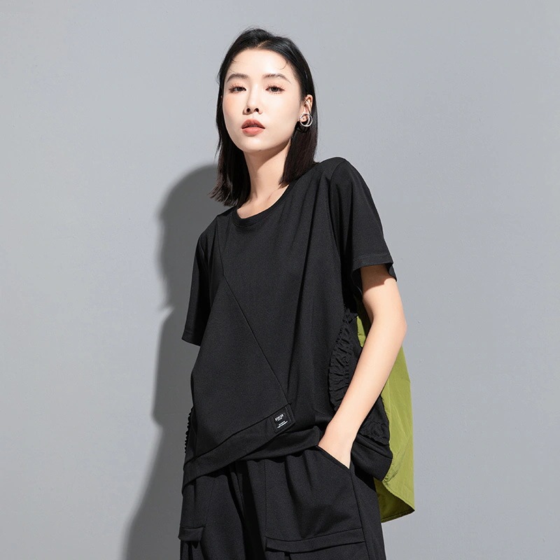 欧米夏装がゆったりした個性的な暗黒風木の耳元の丸首tシャツ半袖上衣