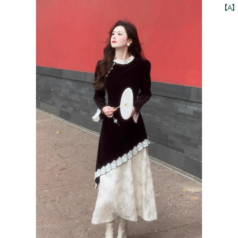 ドレス　パーティー　レディース 七七 ヘンマン 水墨 画 新型 中国 ベルベット ドレス 2025 春 ウエスト スリム レース スプライシング ミディ スカート