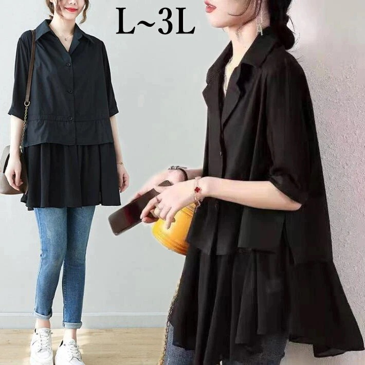 【20点セット】【送料無料】ブラウス　レディース　半袖　フリル　おしゃれ　ギャザーブラウス　シャツ 　シフォン　切替　5分袖 　大きいサイズ 　オーバサイズ　 楽ちん　透け　夏　L　2L　3L