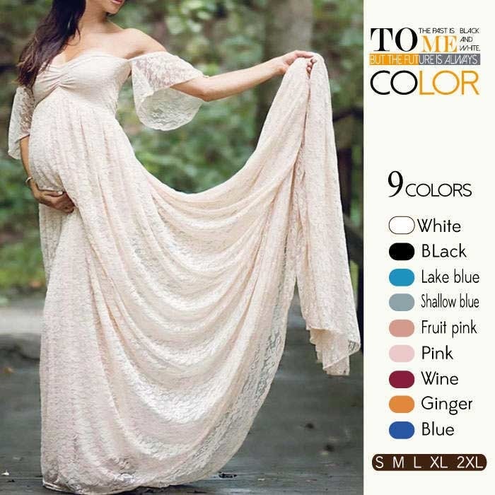 ワンピース マタニティフォト オフショルダー ボリューム マキシ丈 オフショル マタニティドレス ロング マキシワンピ フレア レース 記念写真 ブラック ピンクS M L ホワイト