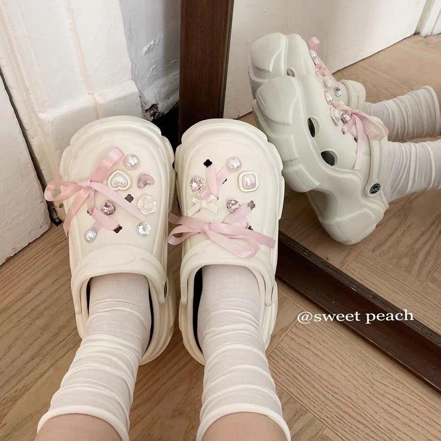 14点セット リボン サンダルデコレーションピン ジャムチャームズ ジビッツ 花 フラワー おもろい かわいい オシャレ Y2K パール リボン ootd キラキラ ラメ