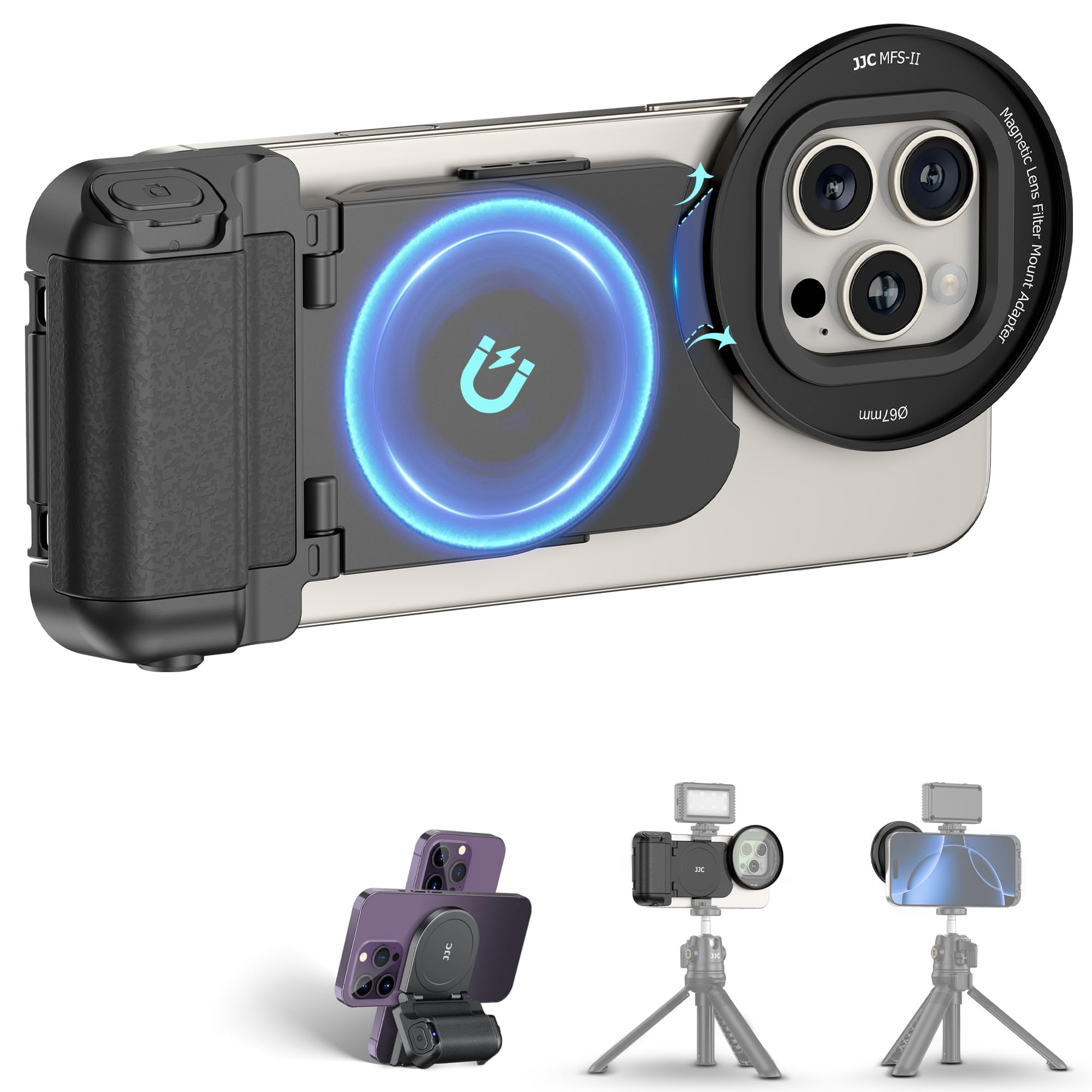 JJC Magsafe対応 スマホグリップ + スマホ レンズフィルター アダプター キット ワイヤレスリモコン付き スマホスタンド 自撮りグリップ iPhone 16 15 14 Pro Max P
