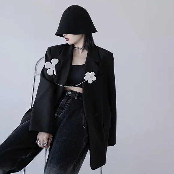 個性 不規則 デザイン フラワーチェーン テーラードジャケット 黒 個性ジャケット 7,992円