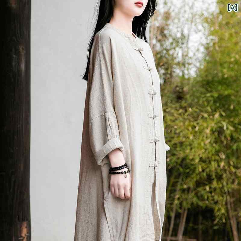 レディース　　シャツ　トップス リネン レトロ シャツ レディース 春秋ミドル丈 長袖 太極拳 スーツ トップ 綿 リネンの