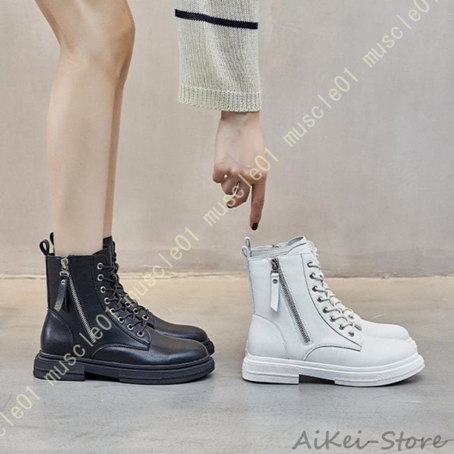 ブーツ レディース 厚底ブーツ サイドジッパー 秋冬 レースアップブーツ 厚底 ショートブーツ ハイカット 防水 滑らない 女性用 ブラック 黒 シューズ