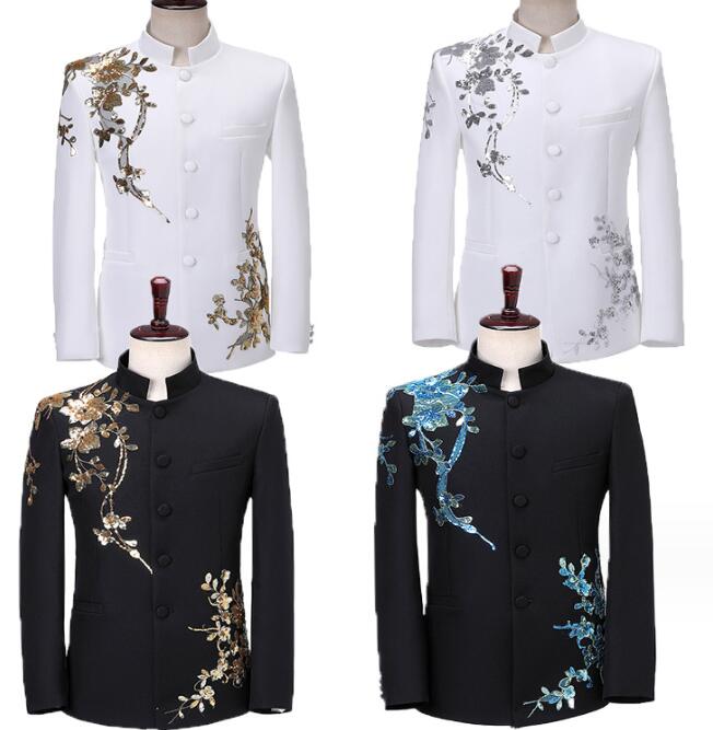 ステージ衣装 2点セット人民服 メンズ スーツセットアップ スパンコール 立体お花 きらきら 派手 舞台 スーツ 男性用 司会者 歌手 演出服 ダンス衣装 結婚式 パーティー 二次会 イベント 演奏