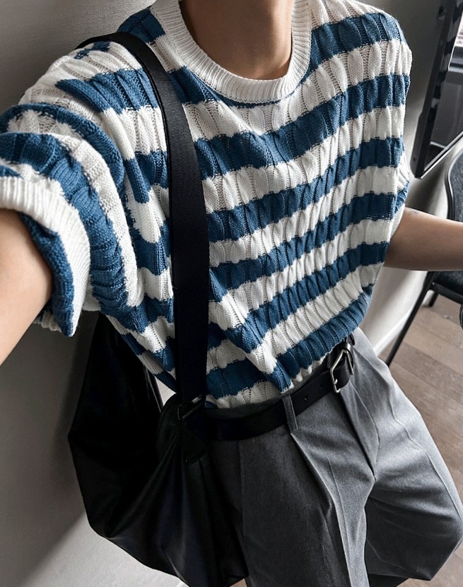 [COSYHARU公式] Baron Cable Stripe Short Sleeve Knit