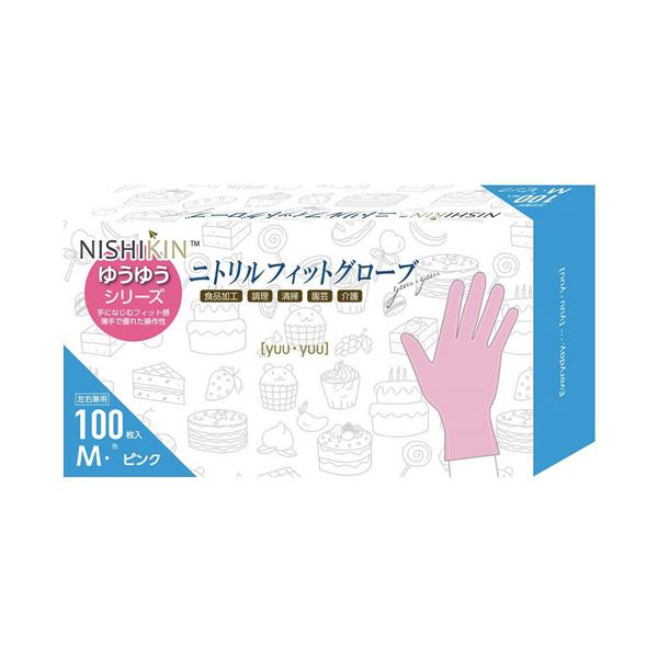 （まとめ） 錦尚金ゆうゆうグローブ ニトリルフィットグローブ パウダーフリー ピンク M 1箱（100枚） [x5セット]