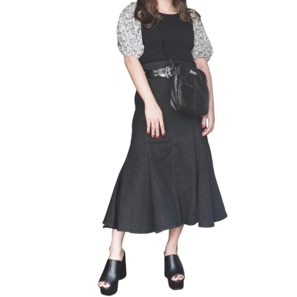 Black Denim Slit Mermaid Long Skirt A,D,G レディース ボトムス