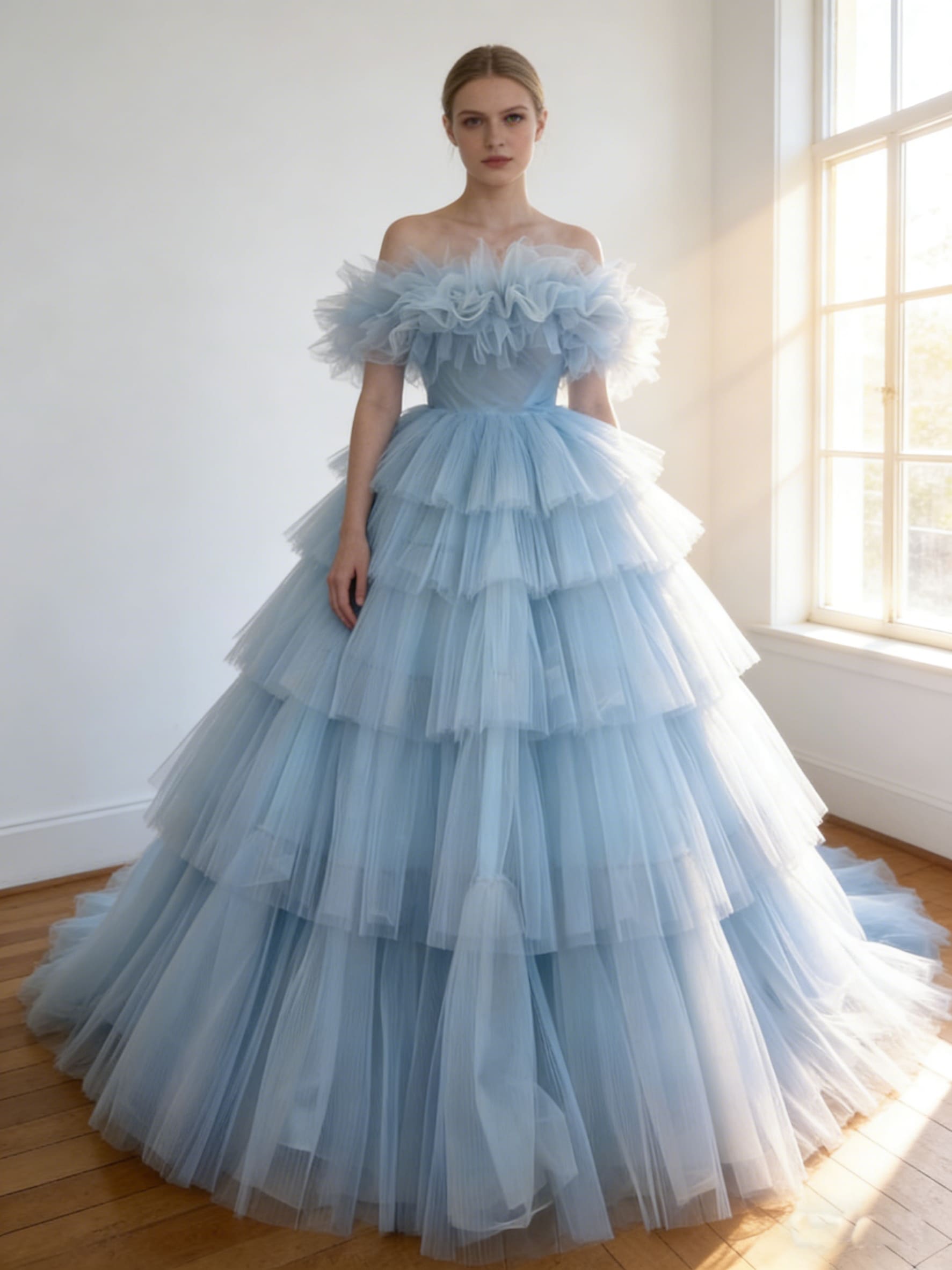 カラードレス 爽やかで優しいブルー オフショルダー ボリュームドレス 華やかなトレーン 結婚式