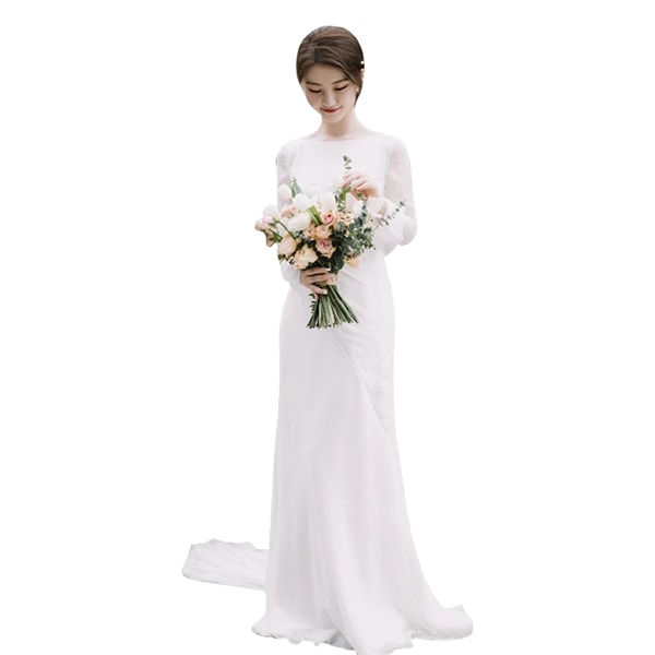 ウエディングドレス 結婚式 二次会 長袖 シンプル 前撮り ドレス 秋冬 春 白ロングドレス