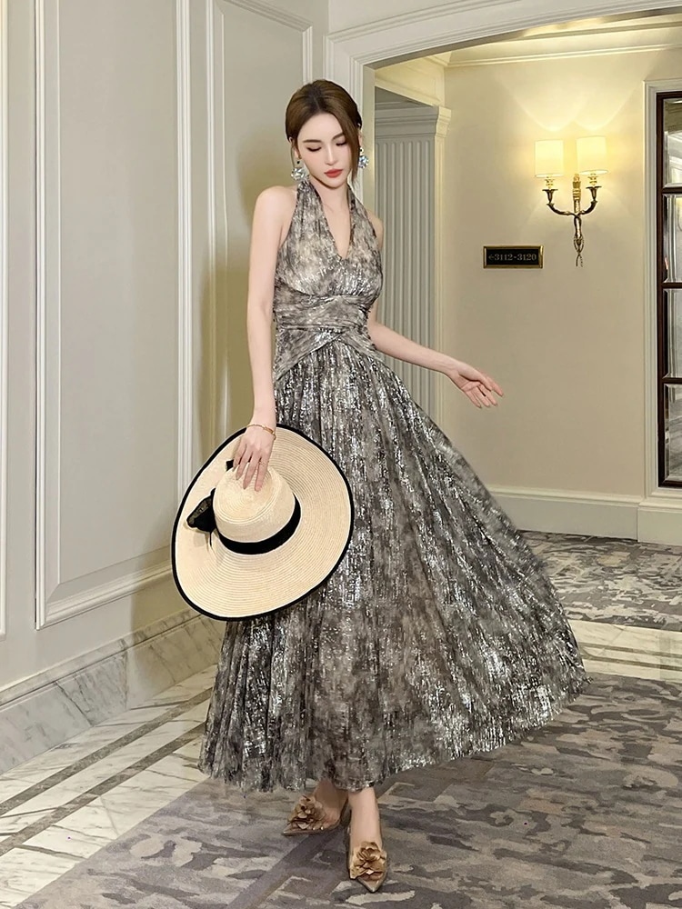 【JY.上品】 2024夏新品 Vネック ホルターネック ロング シフォンワンピース ドレス パーティー キャバ 大人 同窓会 披露宴 卒業式 結婚式 演奏会 ウェディング 二次会 メガ割30%までに