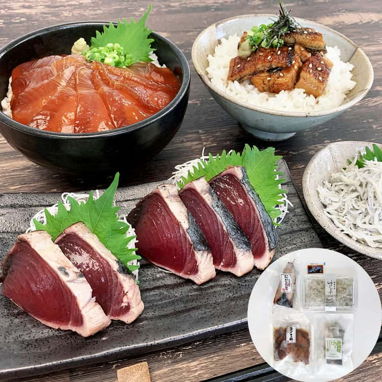 静岡 静岡盛り海の幸詰合せ かつおたたき黒潮つくり250gたれ10gまぐろ漬け丼（90g2）180gゆでしらす130g静岡焼きうなぎひつまぶし70g（薬味付） 離島は配送不可 389008 お歳暮 お